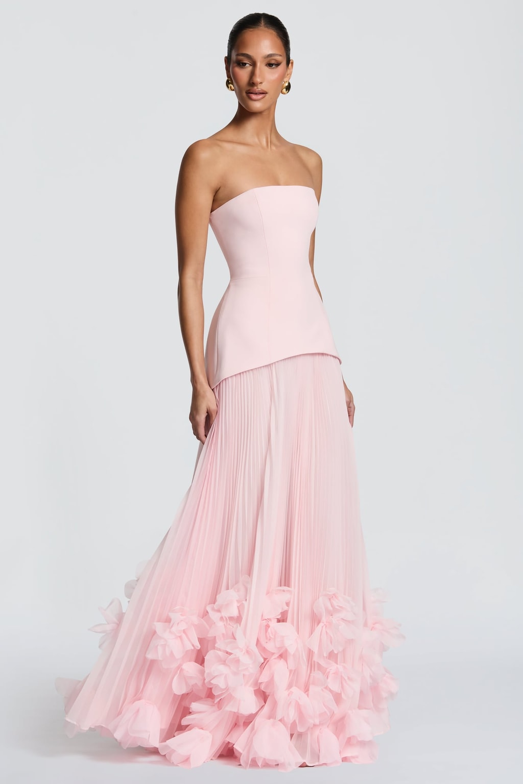 Crepe Corset Gown With Floral Appliqué Hem - 3