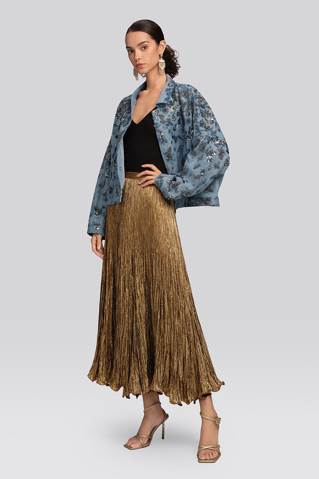 Sequin Pleated Mermaid Skirt in Gold - 5