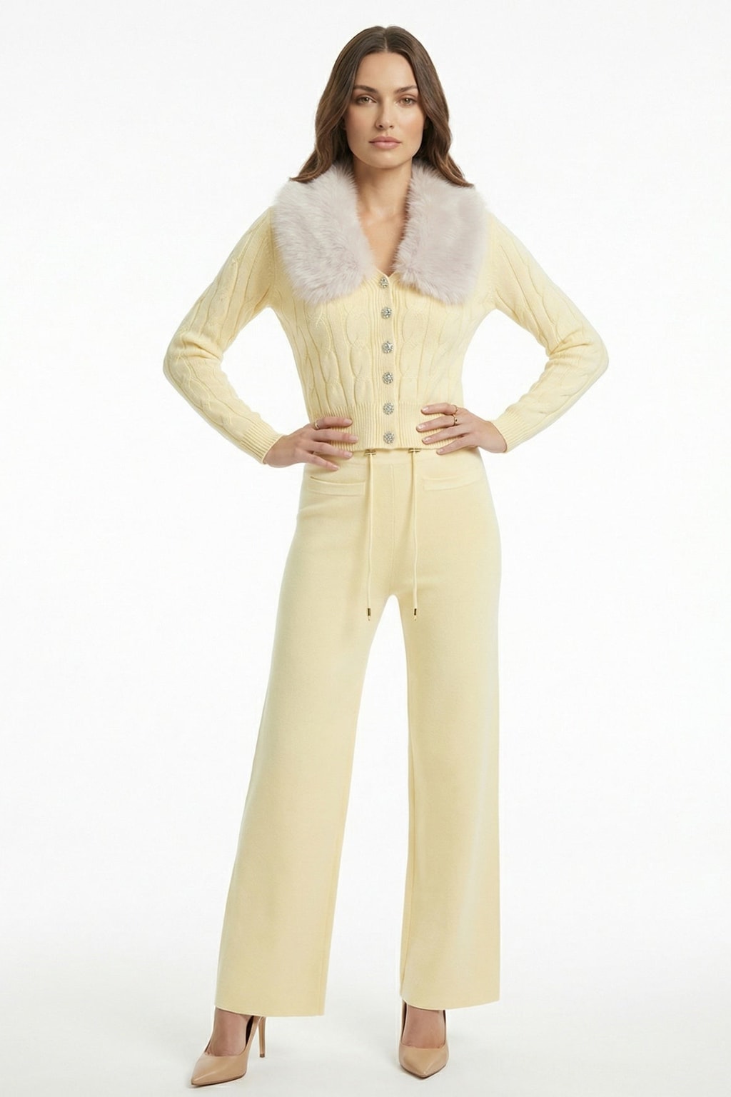 Knit Cardigan And Pants Set With Faux Fur Collar - 2