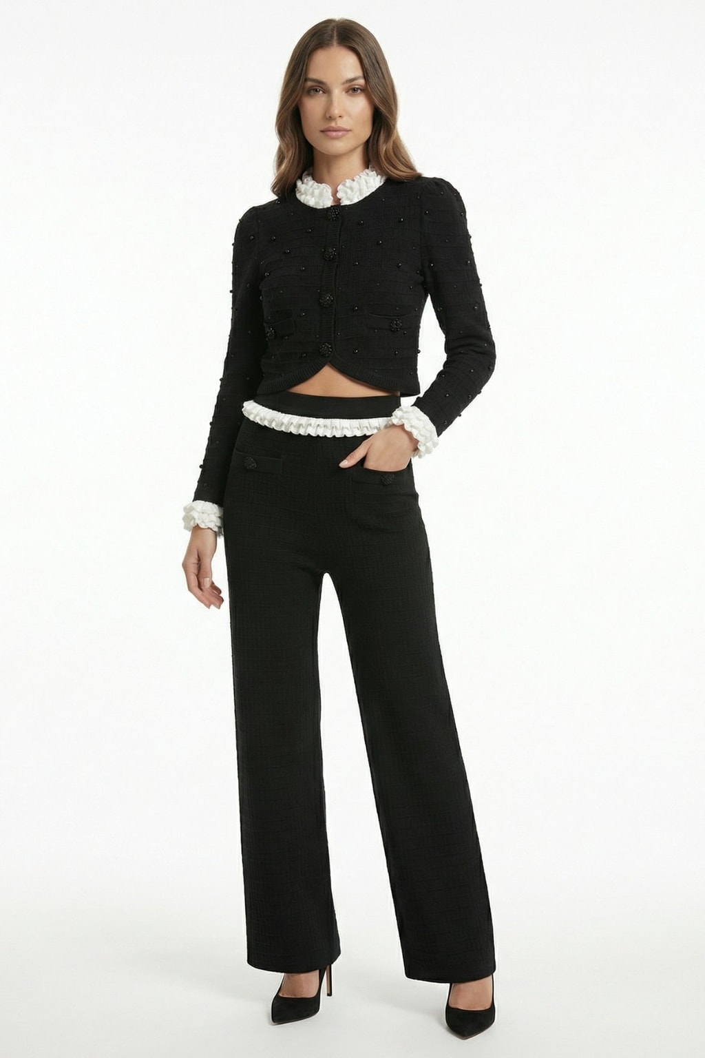 Knit Cardigan And Pants Set With Beaded Detail - 2