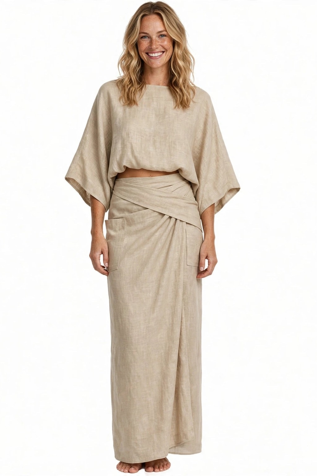 Linen-Blend Batwing Sleeve Top and Maxi Skirt Set - 2