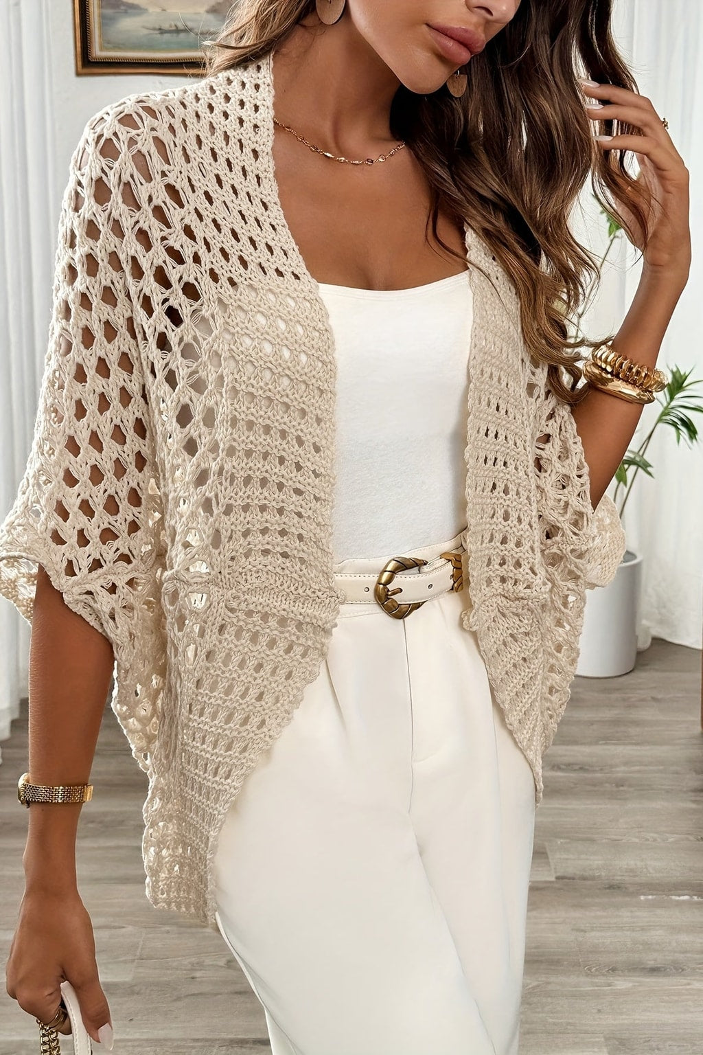 Beige Open-Knit Cardigan With Draped Front - 2