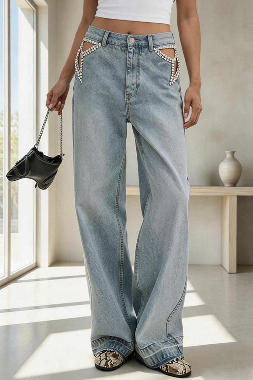 Denim Jeans With Star Cutouts - 1