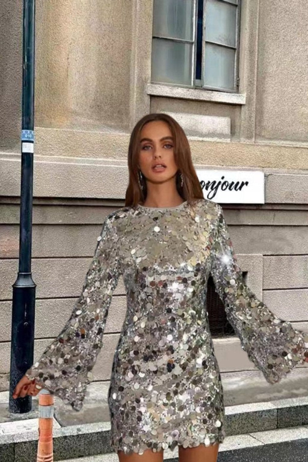 Silver Sequin Mini Dress with Trumpet Sleeves - 2