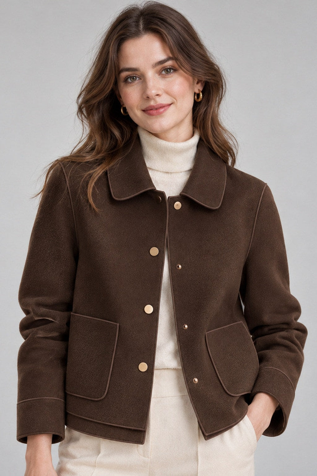 Brushed Cropped Jacket With Collared Button Front - 1