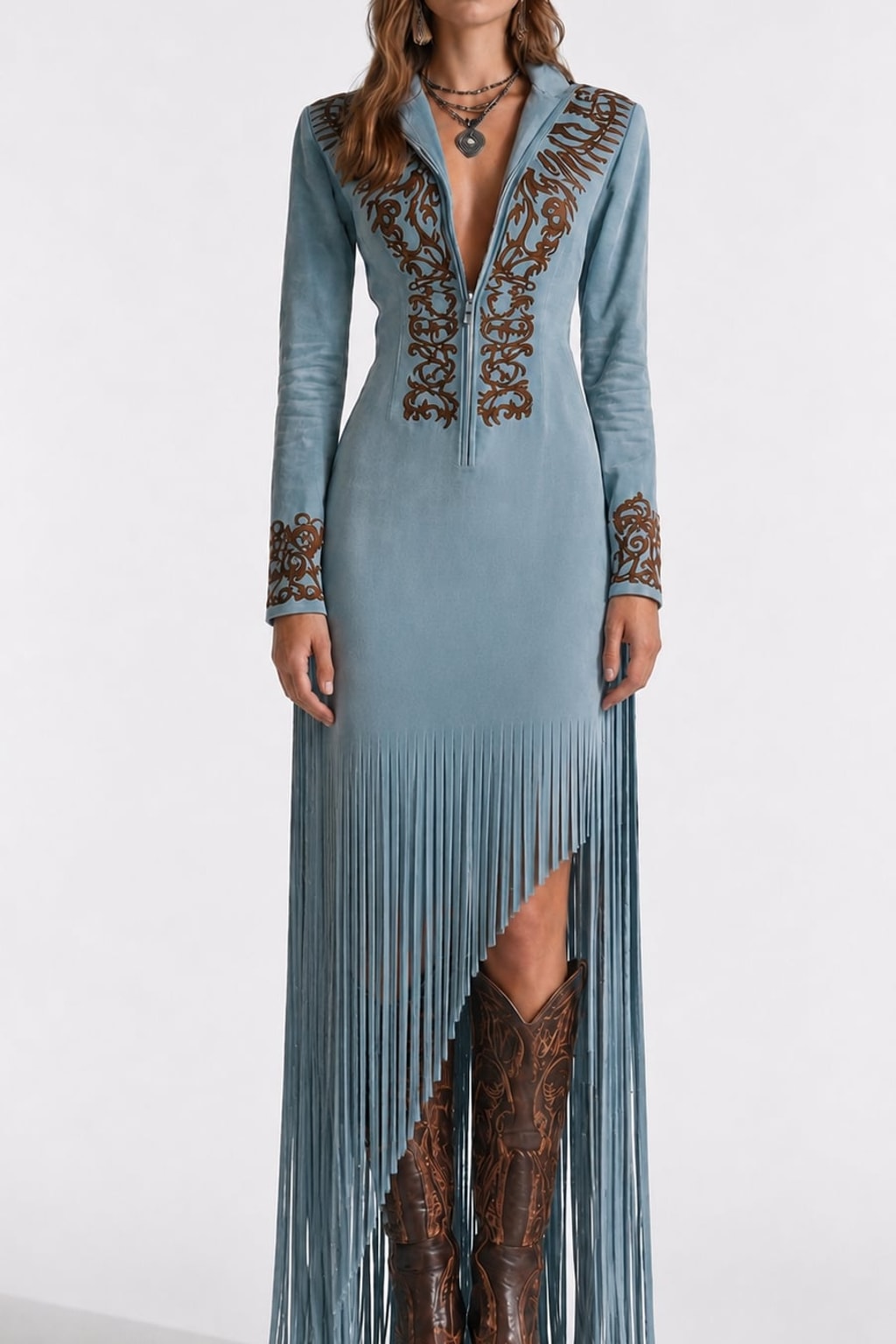 Suede Long Maxi Dress with Western Embroidery and Fringe - 2