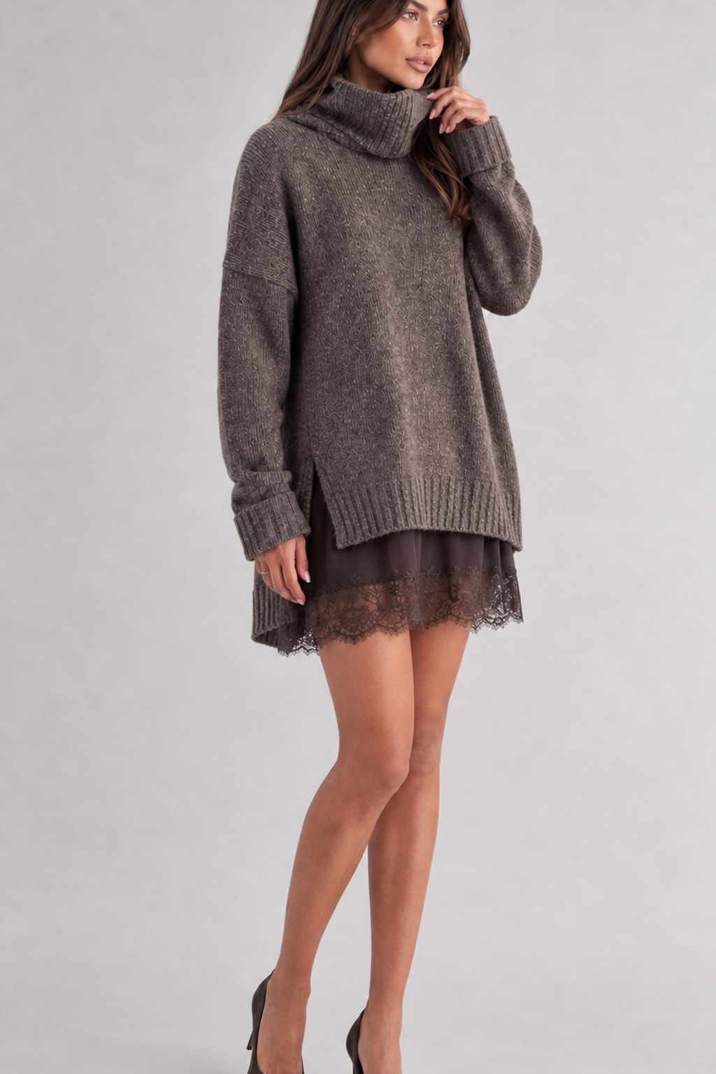 Knit Sweater Dress Set With Lace Trim - 2