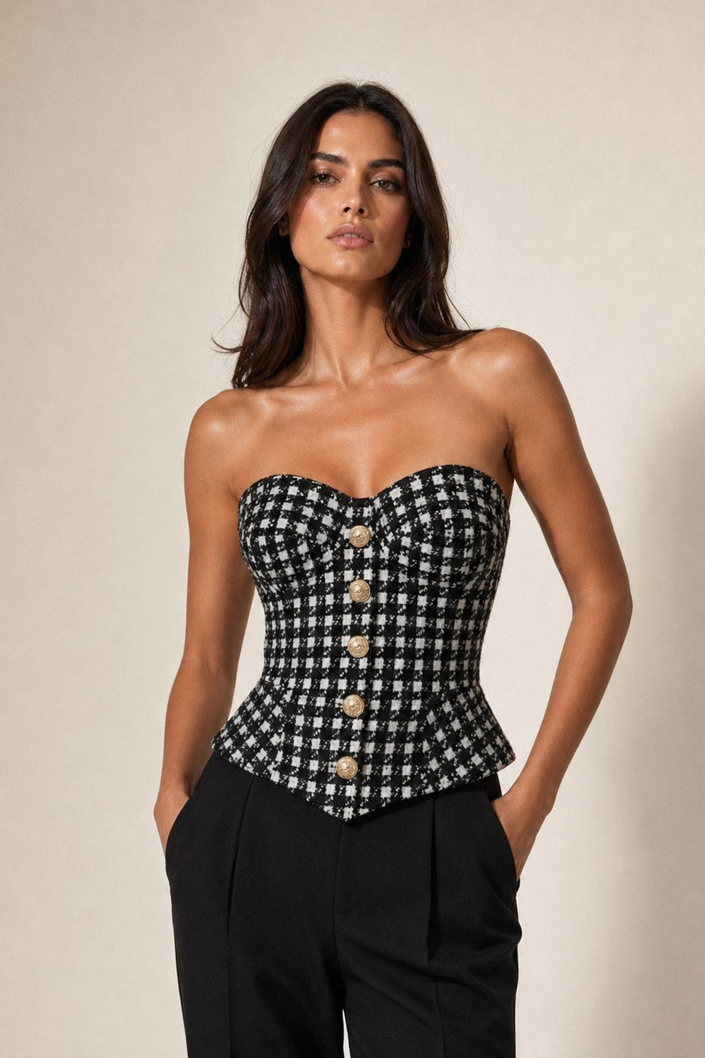 Cotton Blend Tweed Corset with Peplum Waist - 2
