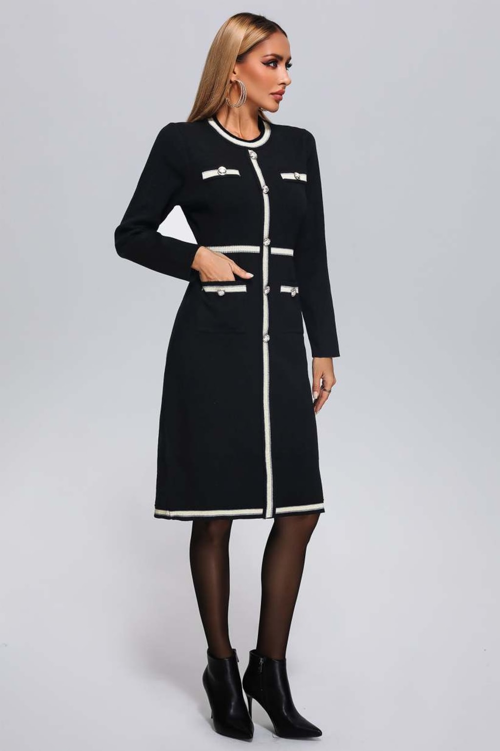Viscose Blend Midi Dress with Structured Knit and Button Detail - 2