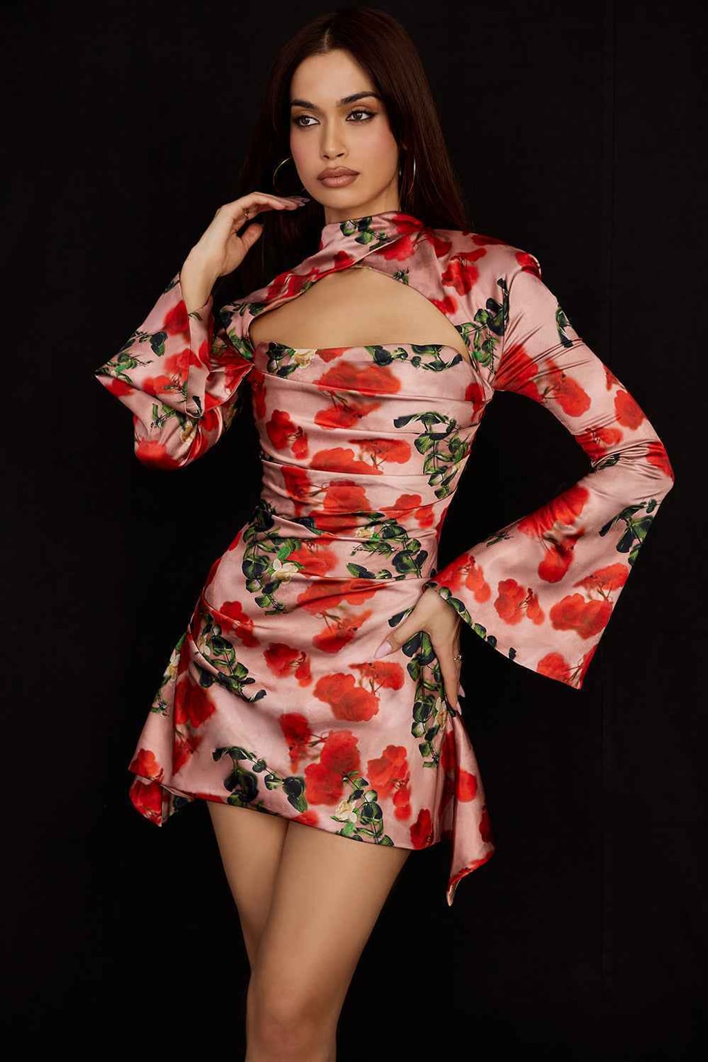 Satin Short Dress with Long Sleeves & Front Cutout - 2