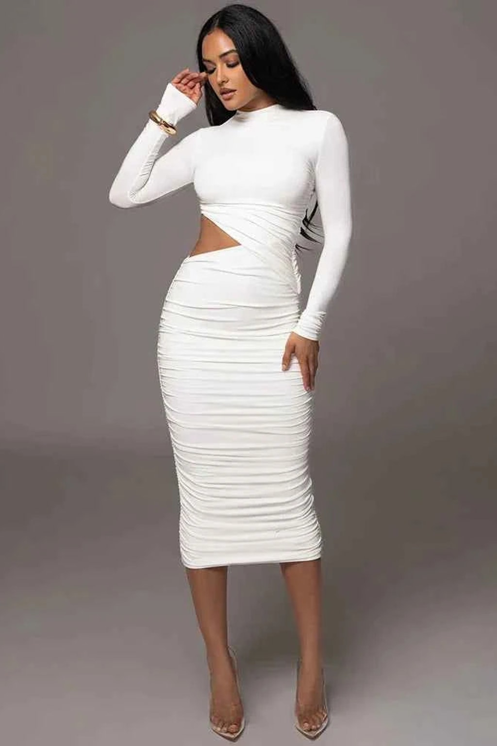 Viscose Midi Dress with Draped Silhouette and High Neck - 2