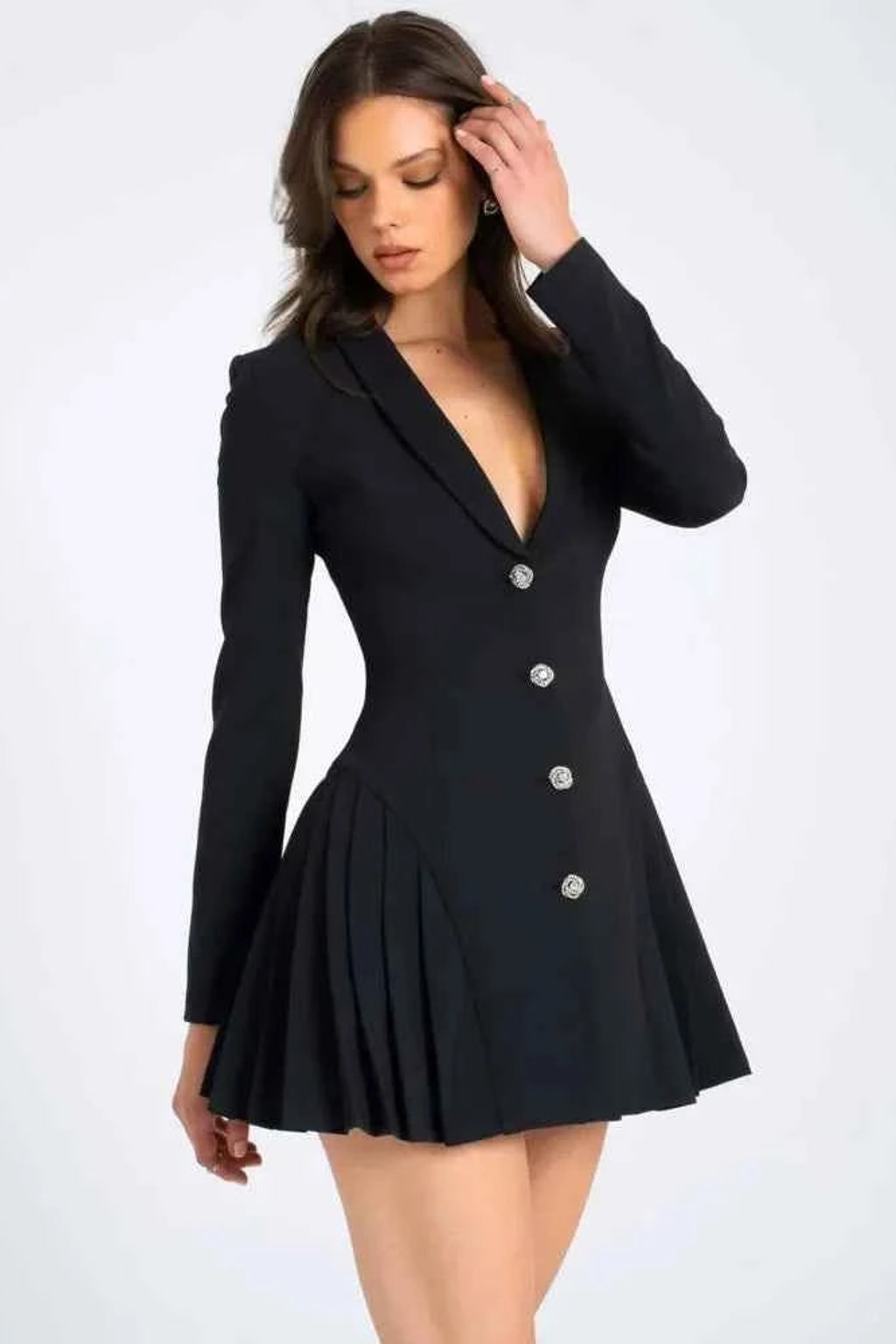 Blazer Dress With Pleated Skirt And Crystal Buttons - 2