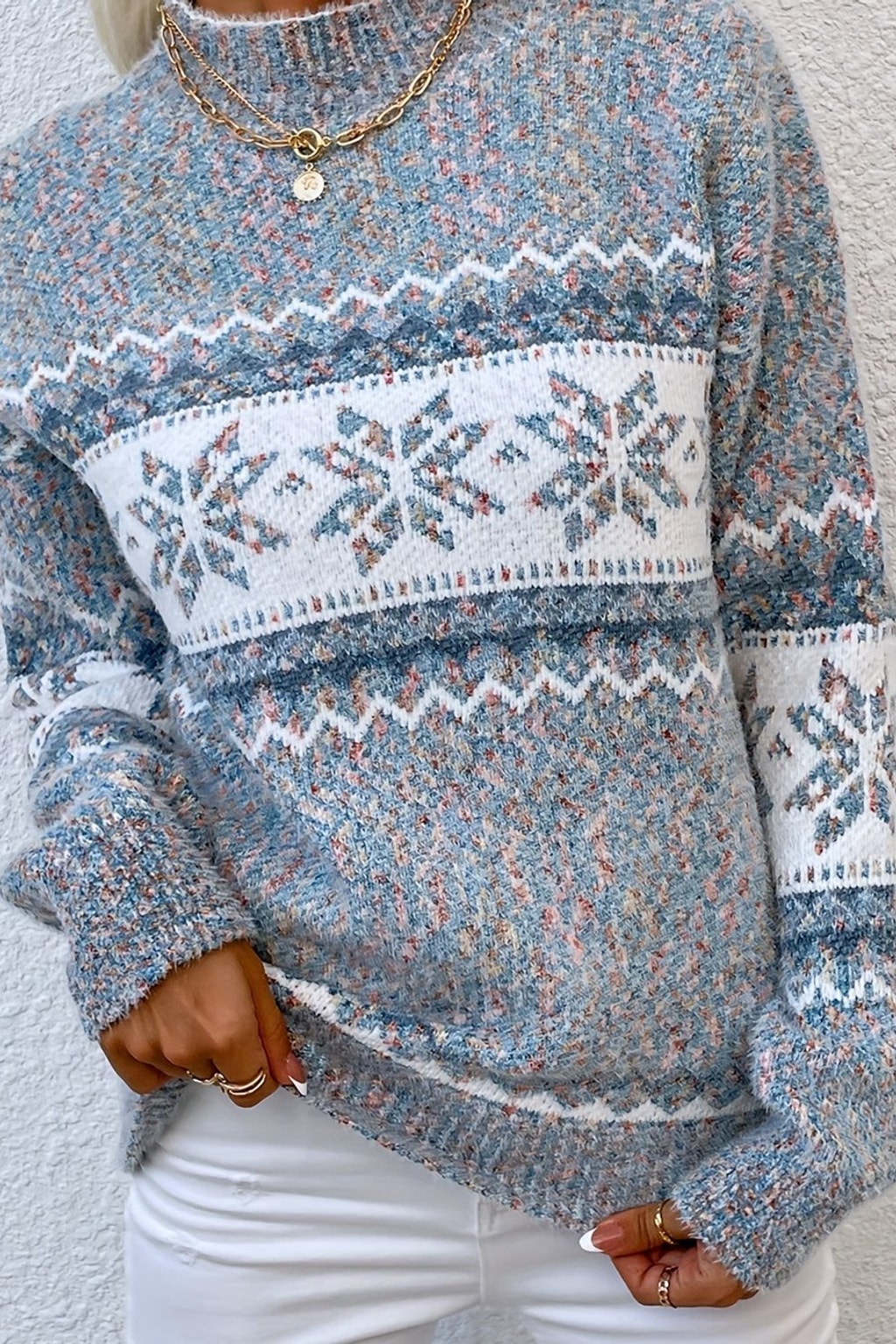 Knit Mock-Neck Sweater With Snowflake Pattern - 2
