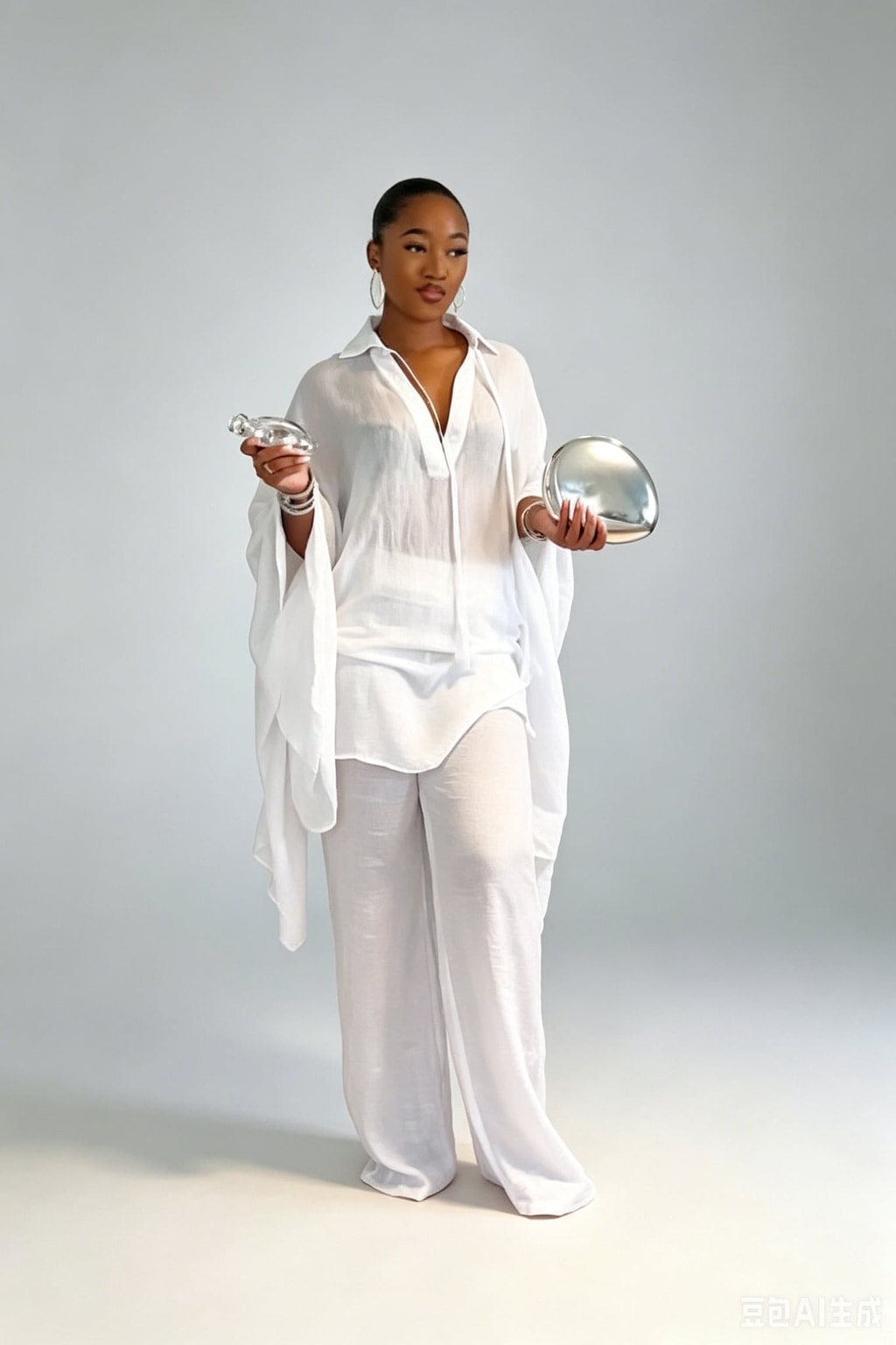 White Oversized Tunic & Wide-Leg Pants Set - 2