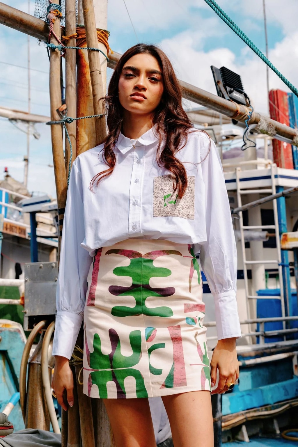 Two-Piece Skirt Set With Abstract Print Shirt - 2