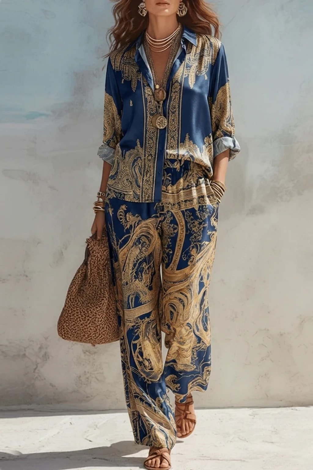 Navy Cotton Pant Set with Baroque Print - 2
