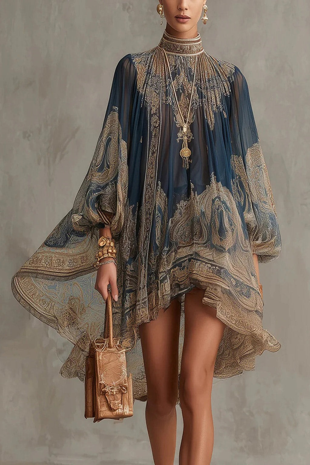 Chiffon Mini Dress with High Neck and Flounce Sleeves - 2