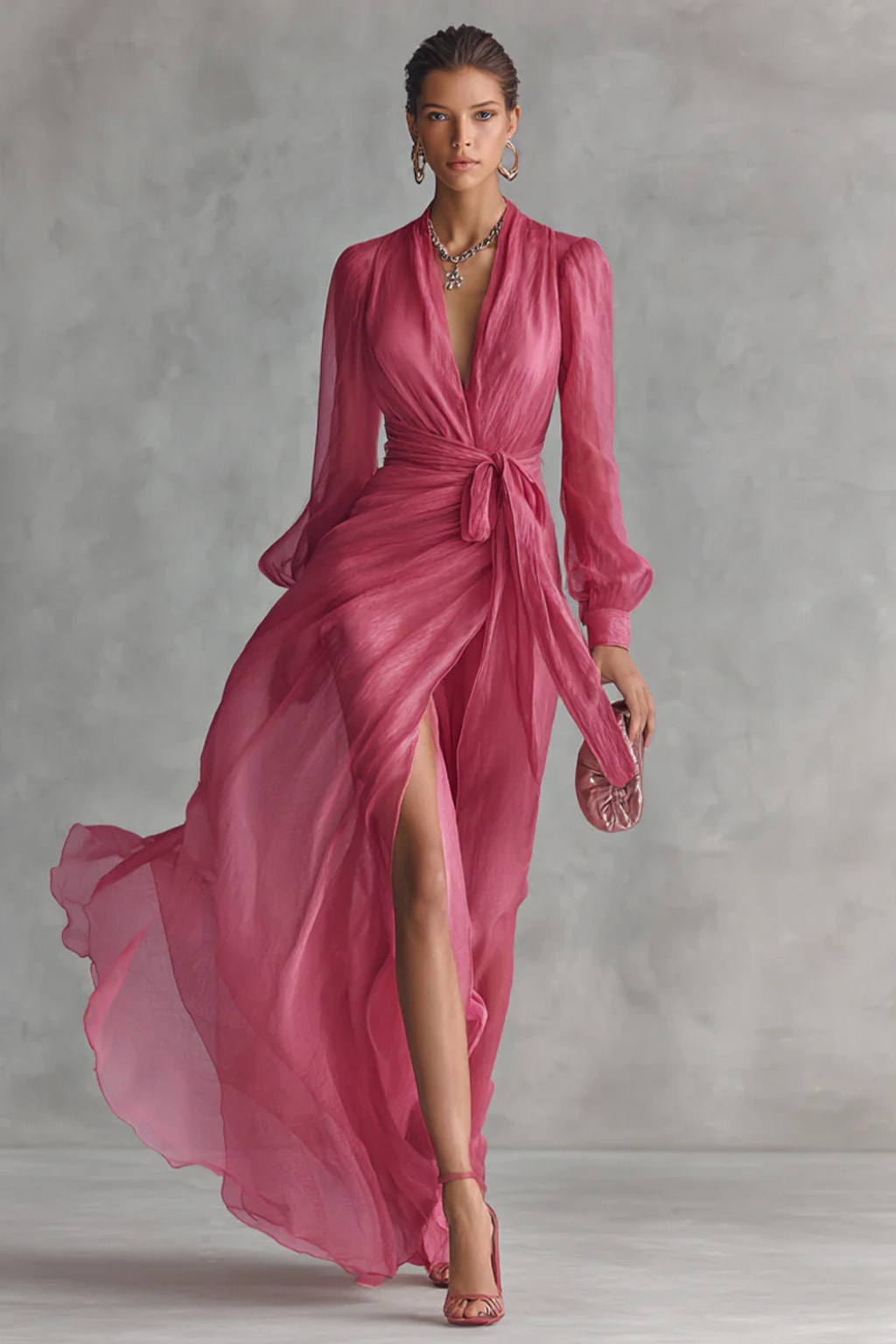 Chiffon Maxi Dress with V-Neck and Tie Waist - 2