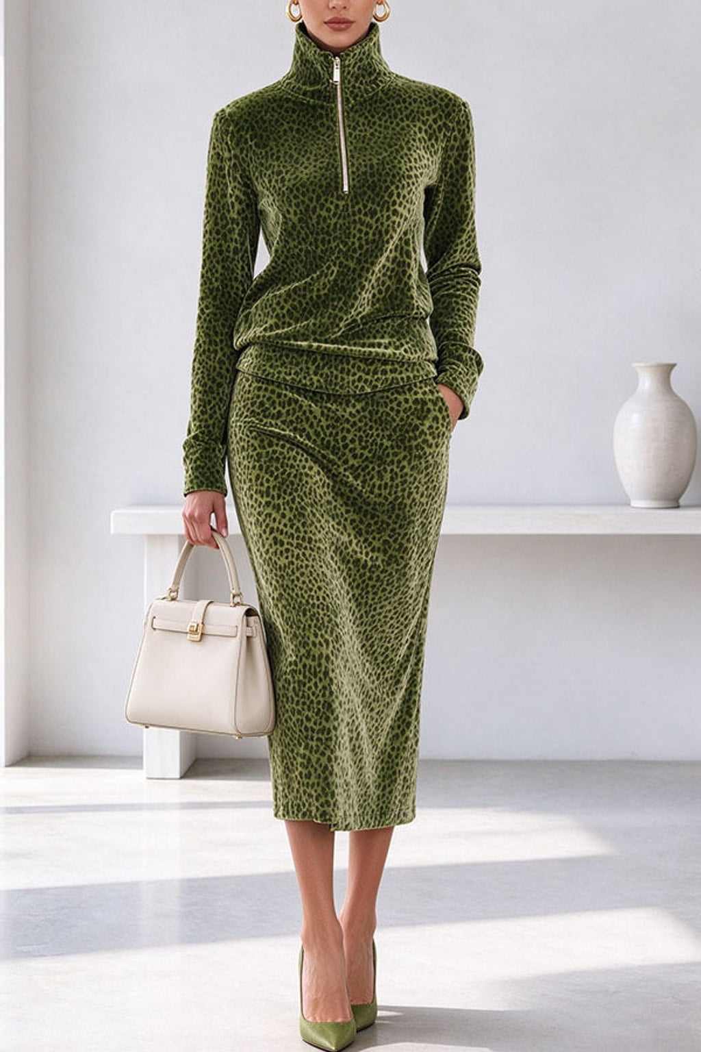 Polyester Two-Piece Dress Set With High Neckline - 1