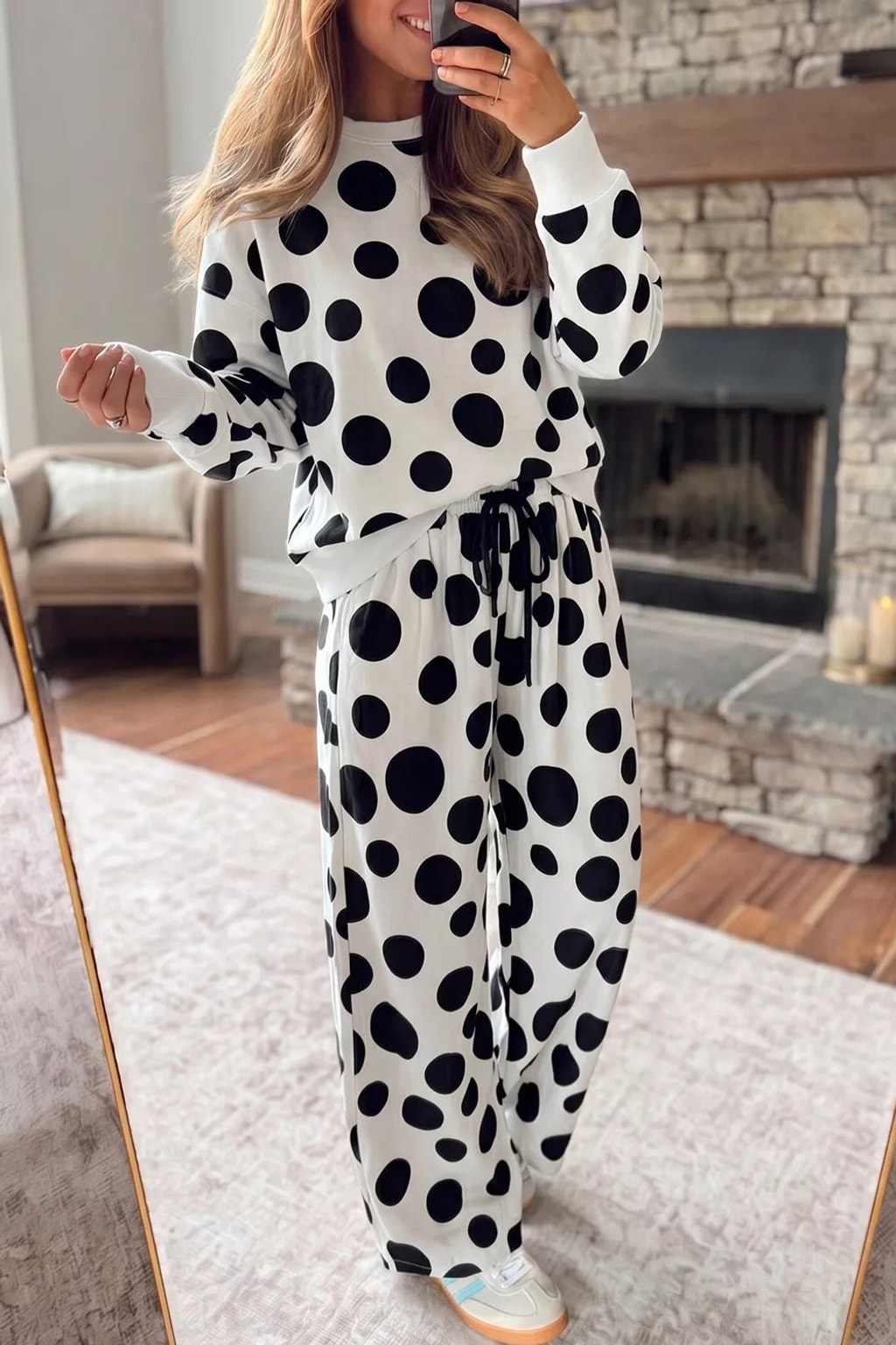Polyester Two-Piece Set With Polka Dot Wide Leg - 1