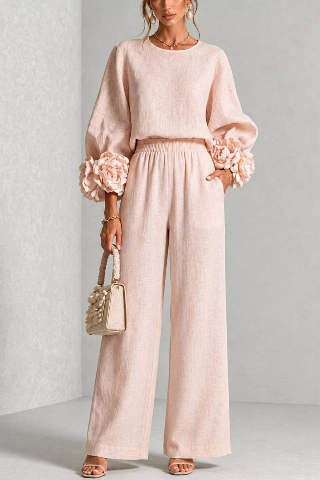 Polyester Two-Piece Set With Wide Leg Pants - 1