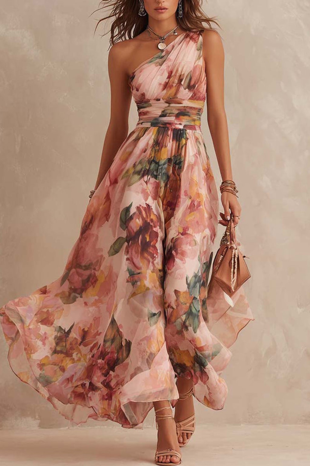 Chiffon Dress With One-Shoulder Neckline - 1