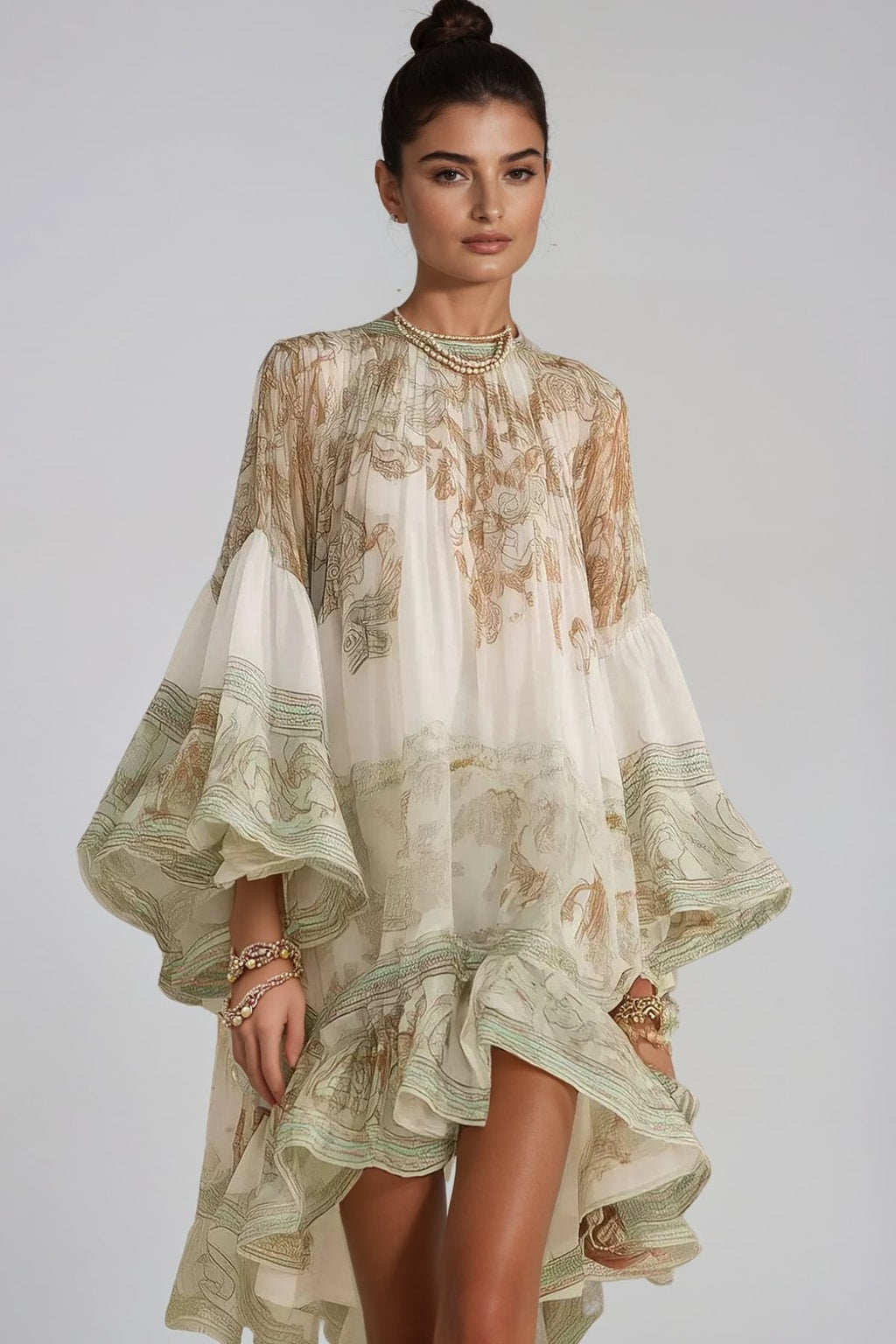Polyester Mini Dress With Bell Sleeves - 1