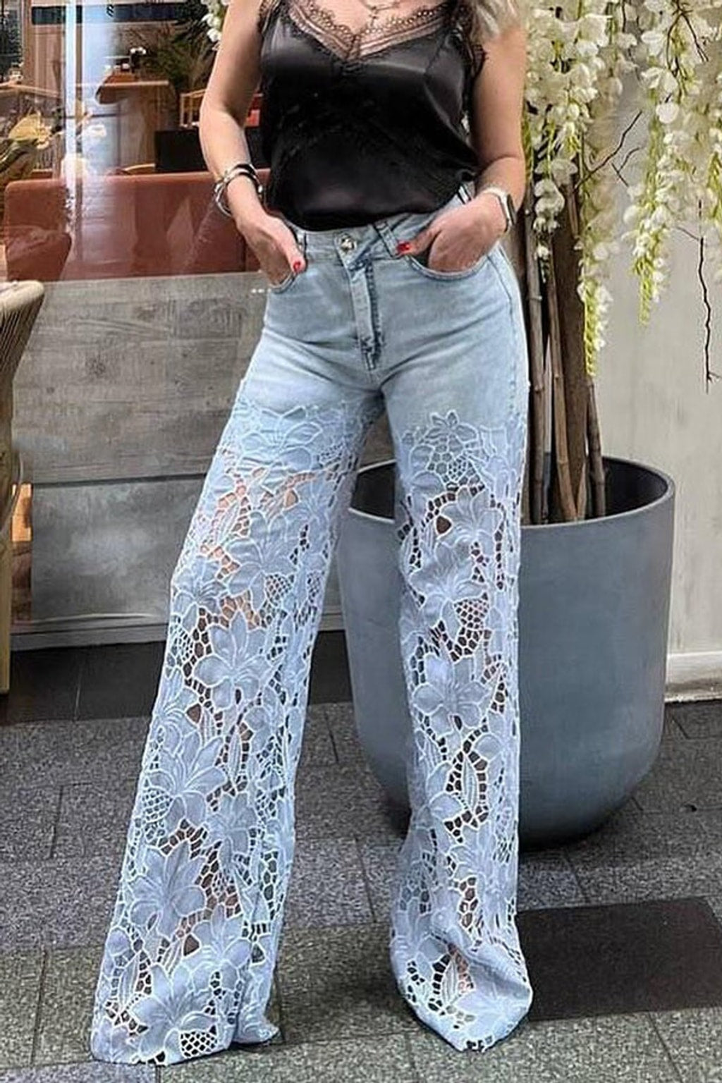 Denim Wide-Leg Pants With Lace Stitching - 1