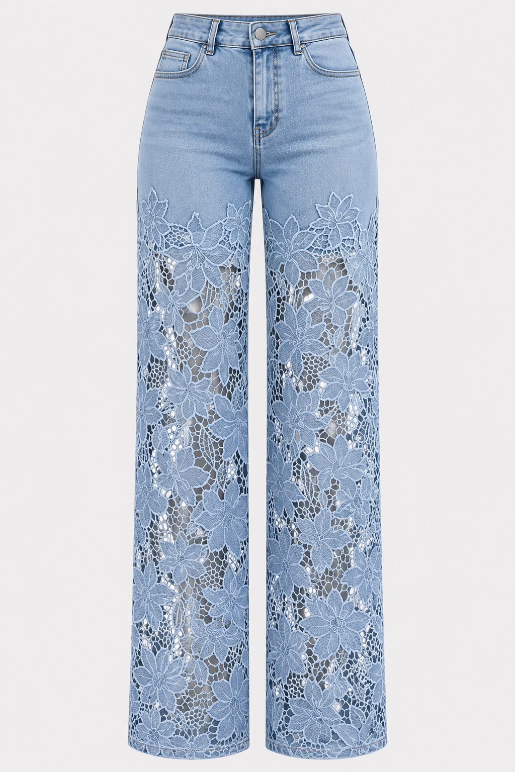 Denim Wide-Leg Pants With Lace Stitching