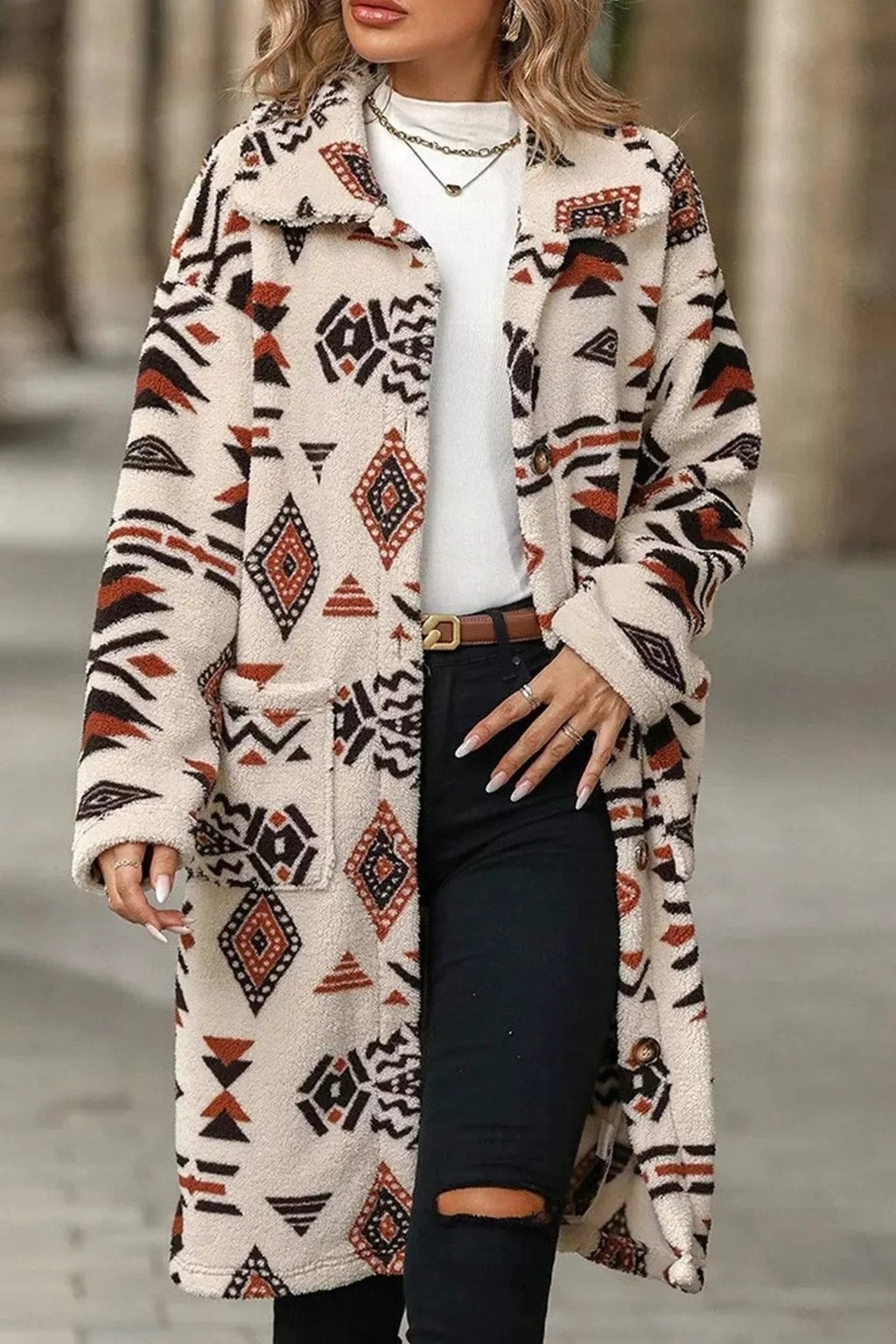 Polyester Longline Coat With Geometric Pattern - 1