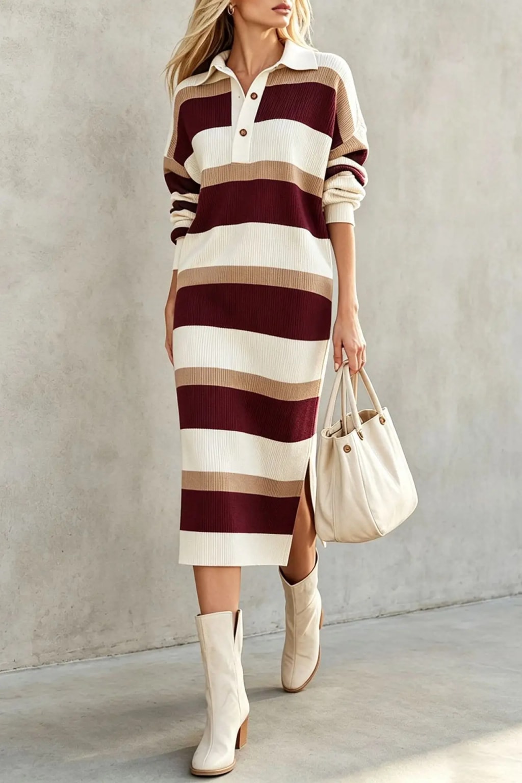 Polyester Sweater Dress With Polo Collar - 2