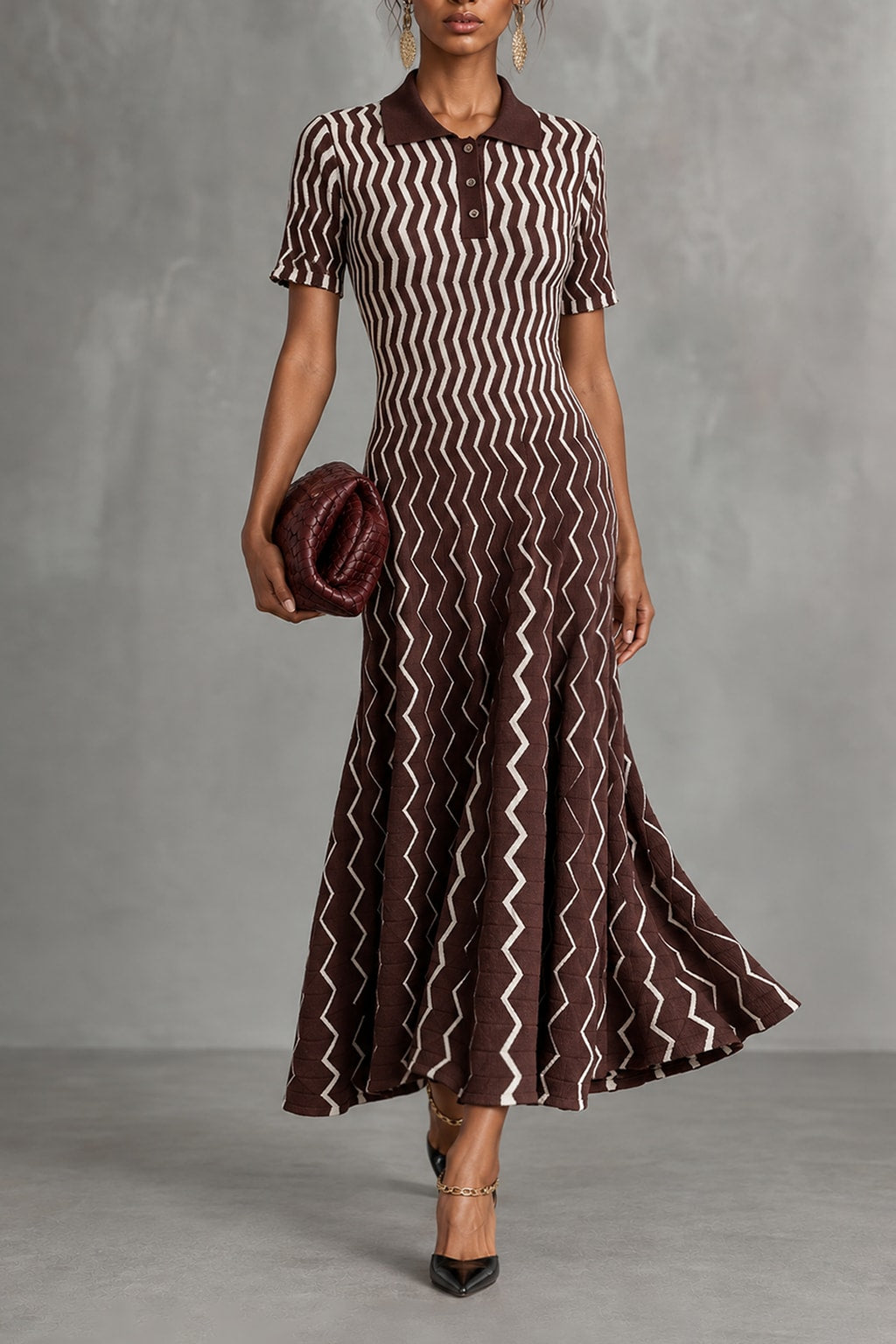 Terylene Midi Dress With V Neck Stripe Style - 2