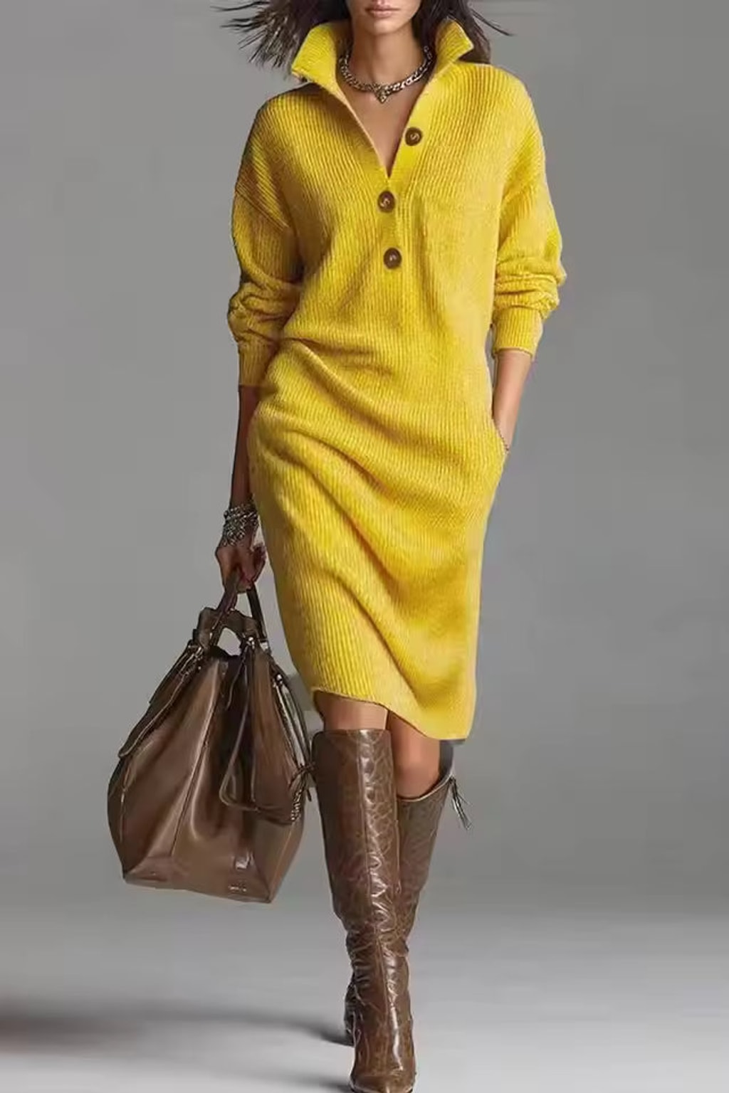 Ribbed Knit Sweater Dress With V-Neck - 2