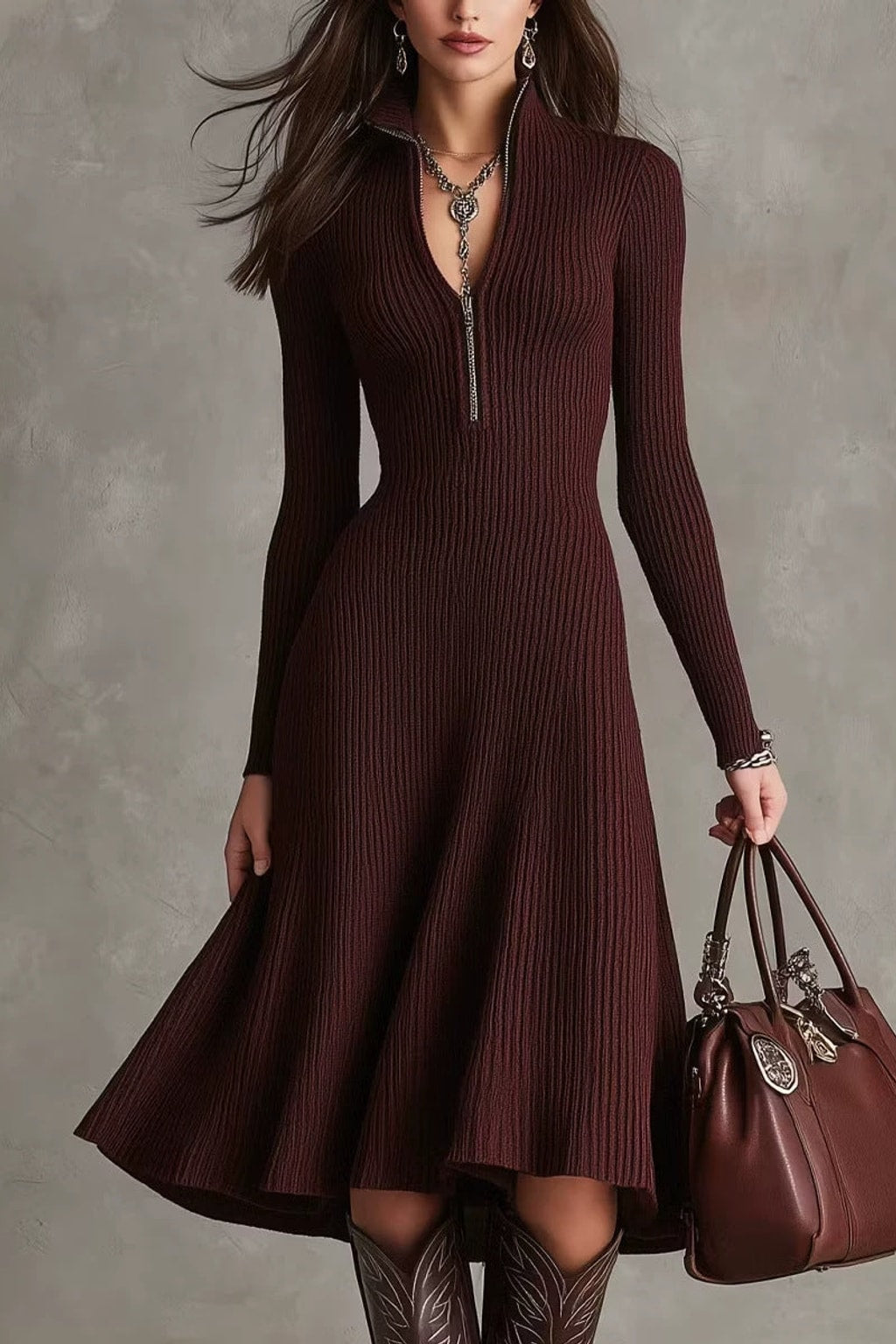 Polyester Spandex Midi Dress With Stand Collar - 1