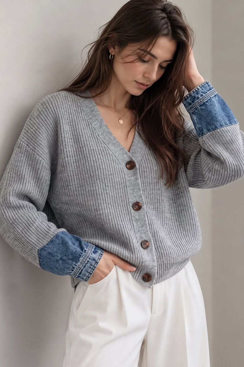 Knit Cardigan With Denim Patchwork - 2