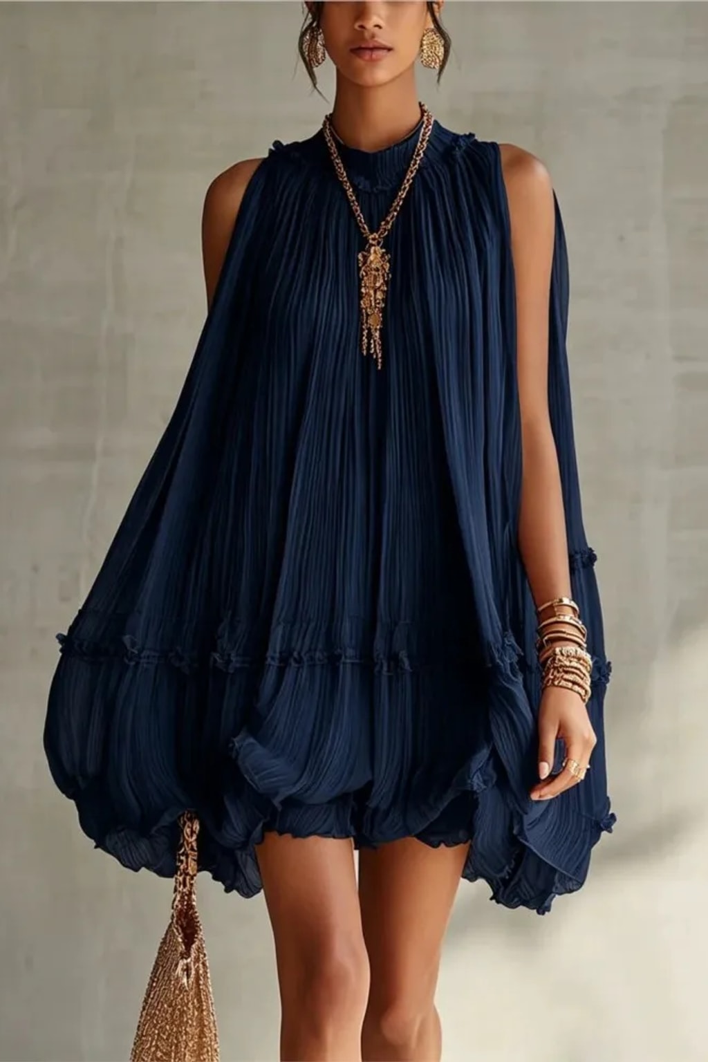 Polyester Chiffon Mini Dress With Pleated High Neck - 2