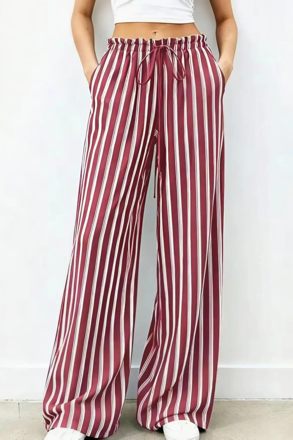 Woven Wide Leg Pants With Ruffle Waist - 2