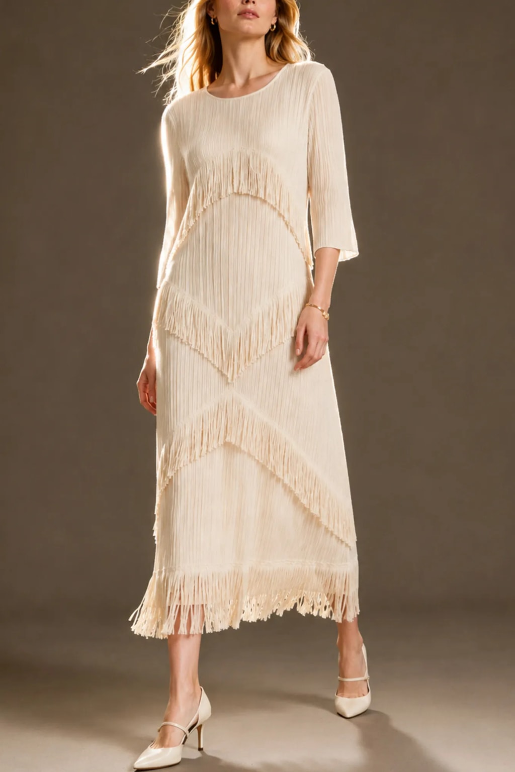 Polyester Spandex Maxi Dress With Tiered Fringe - 2