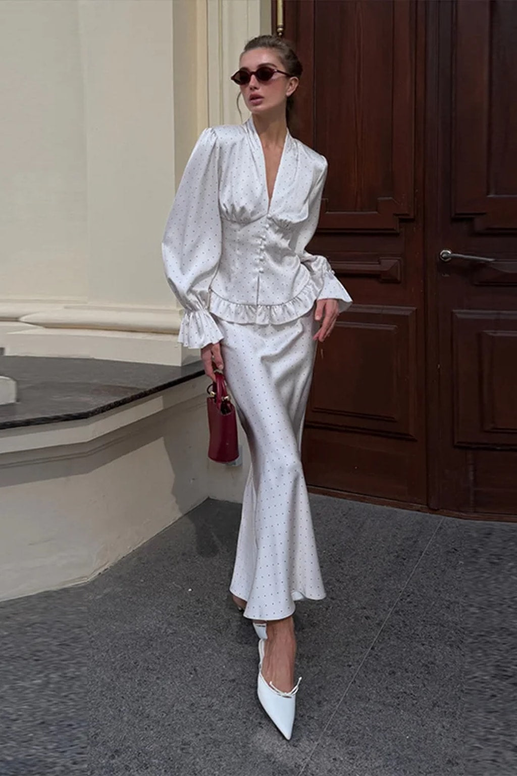 Polyester Two-Piece Skirt Set With Pleated V-Neck - 2