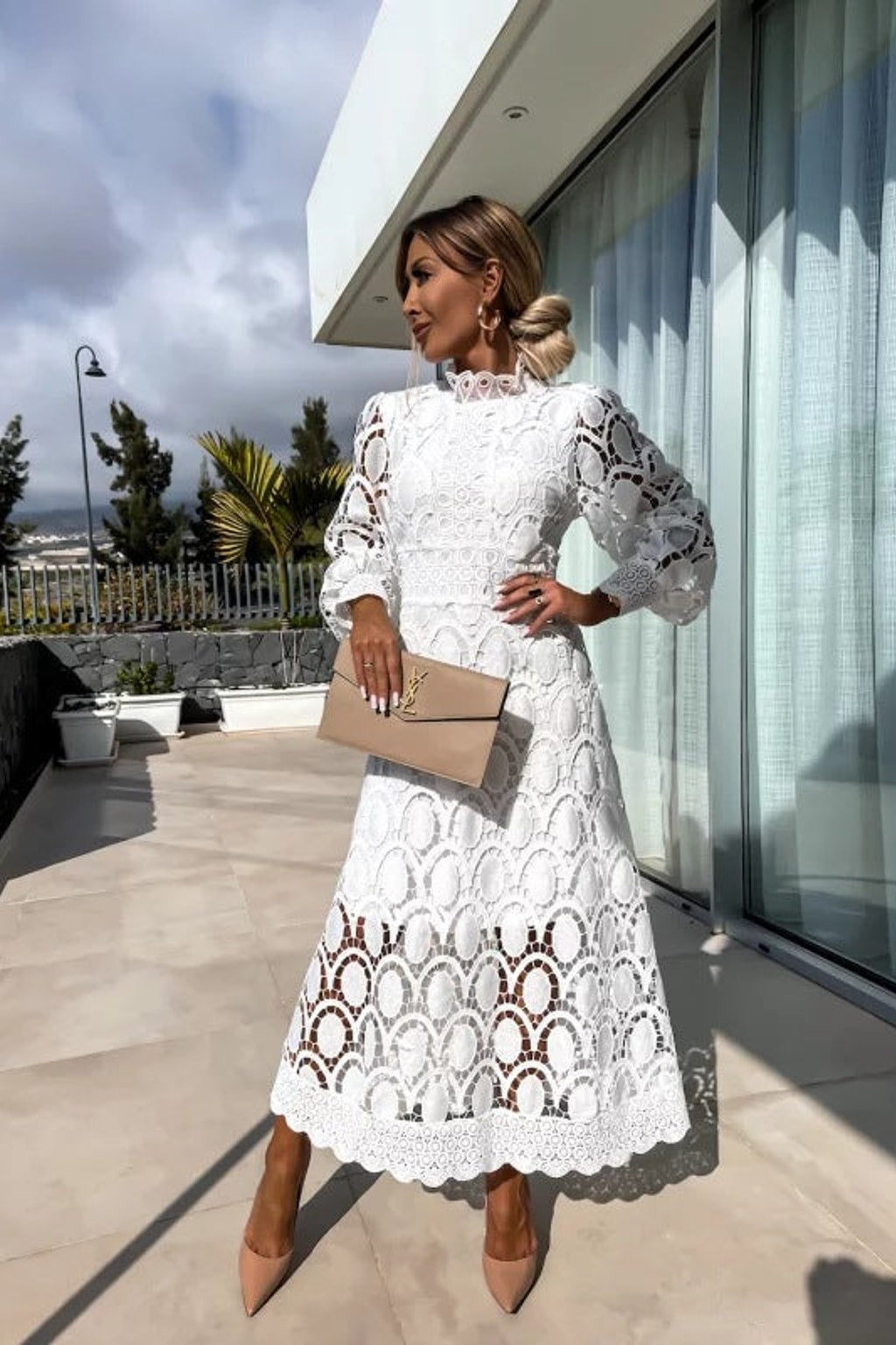 Textured Evening Dress With Long Sleeves - 2