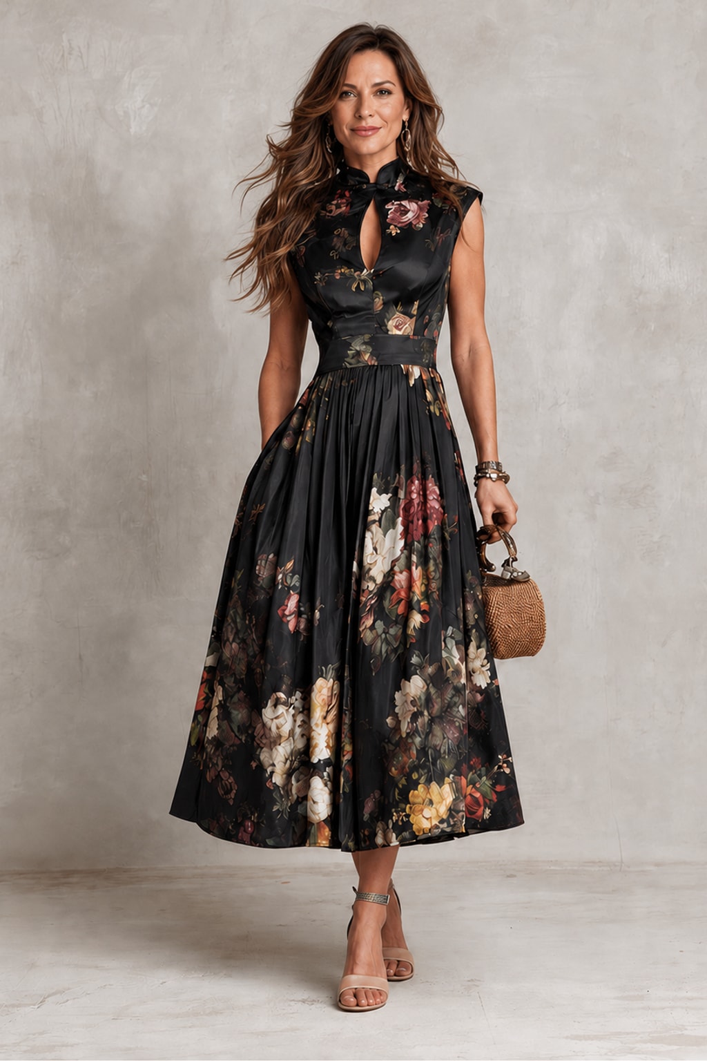 Satin Midi Dress With Keyhole Collar - 2