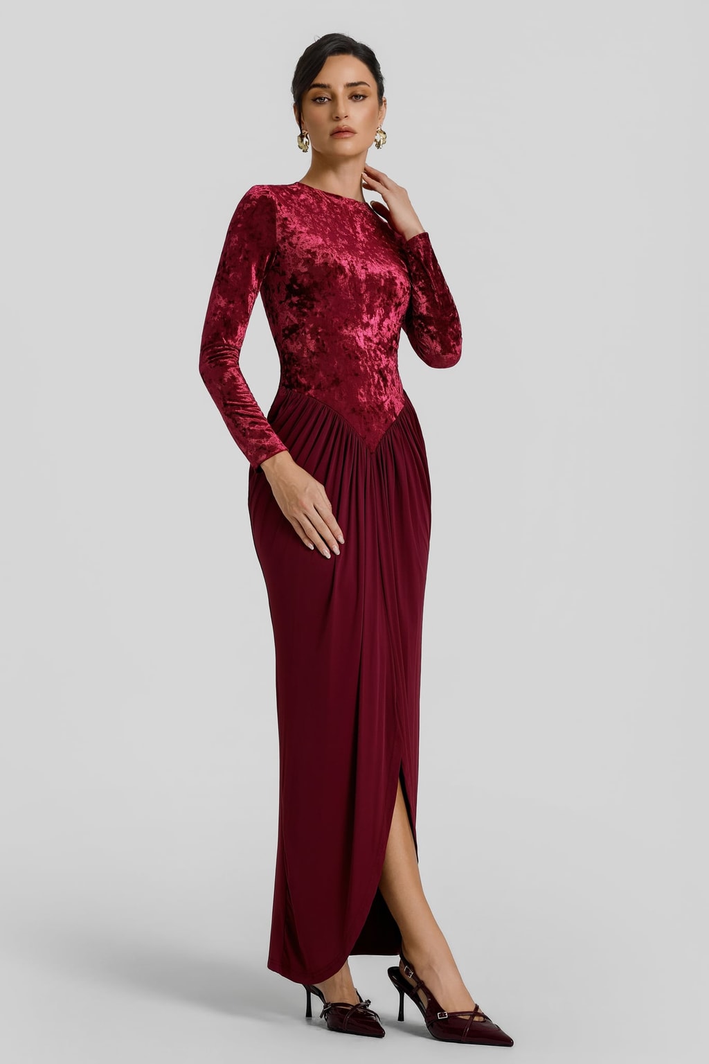 Velvet Maxi Dress With Gathered Detail - 2