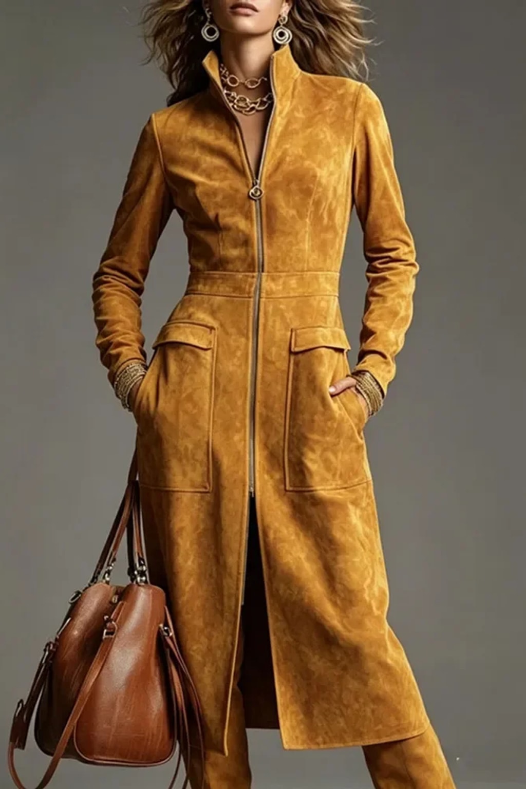 Synthetic Fiber A-Line Zipper Dress With Stand Collar - 2