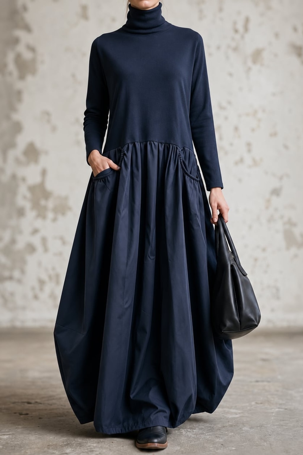 Polyester Maxi Dress With High Neck And Gathered Skirt - 2