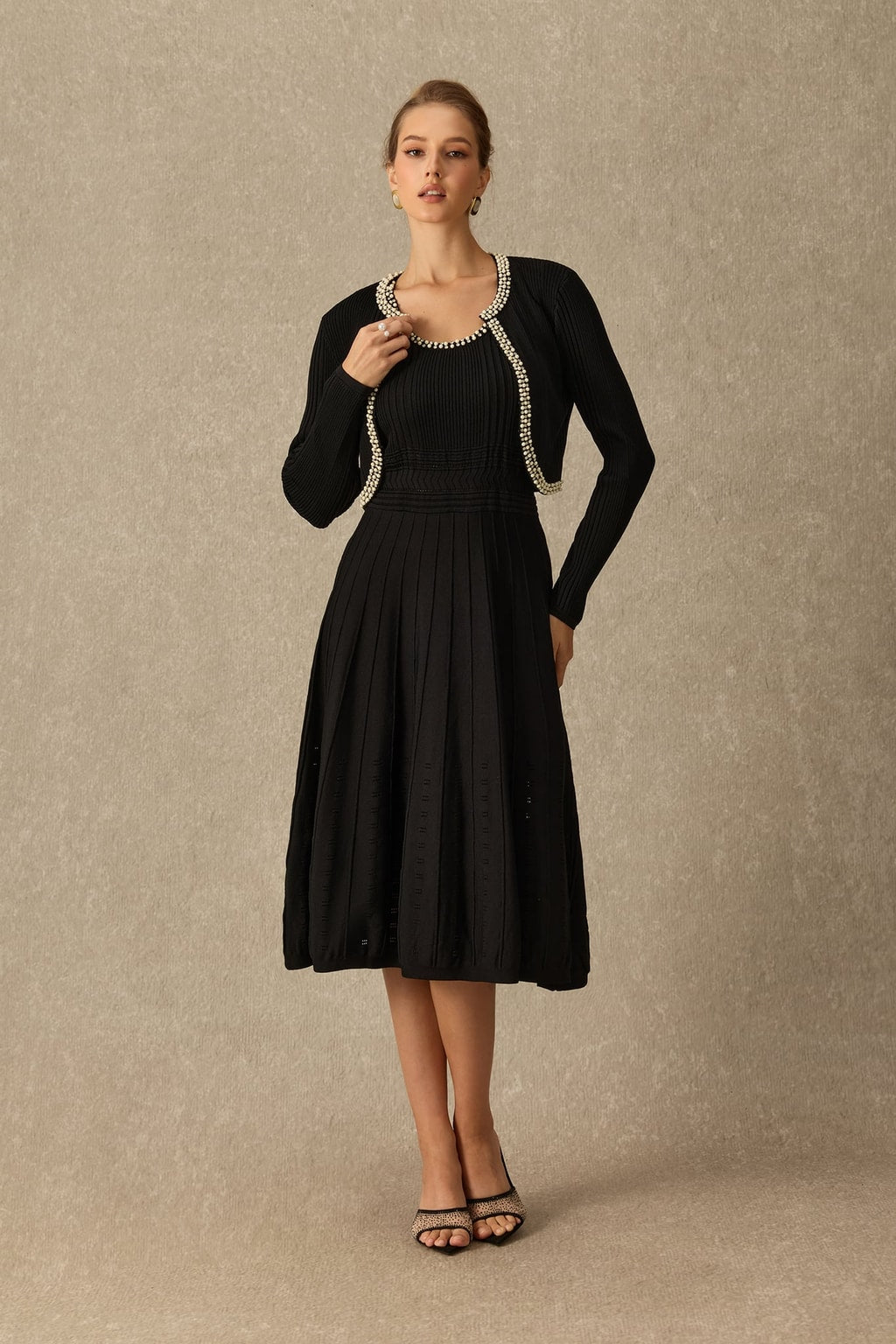 Viscose Knit Dress and Cardigan Set With Rhinestone Trim - 2