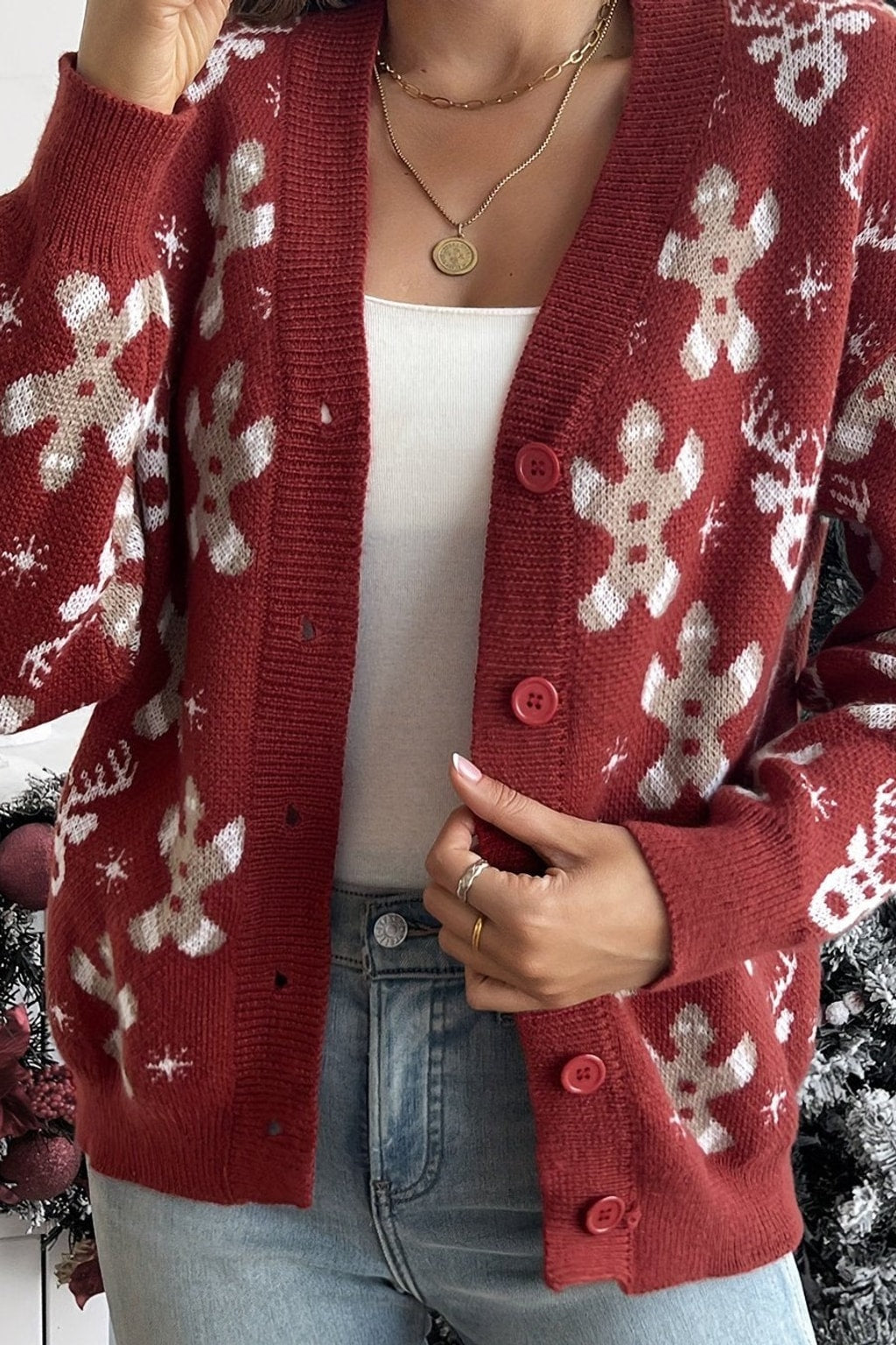 Cotton Cardigan with Button Front And Festive Print - 2