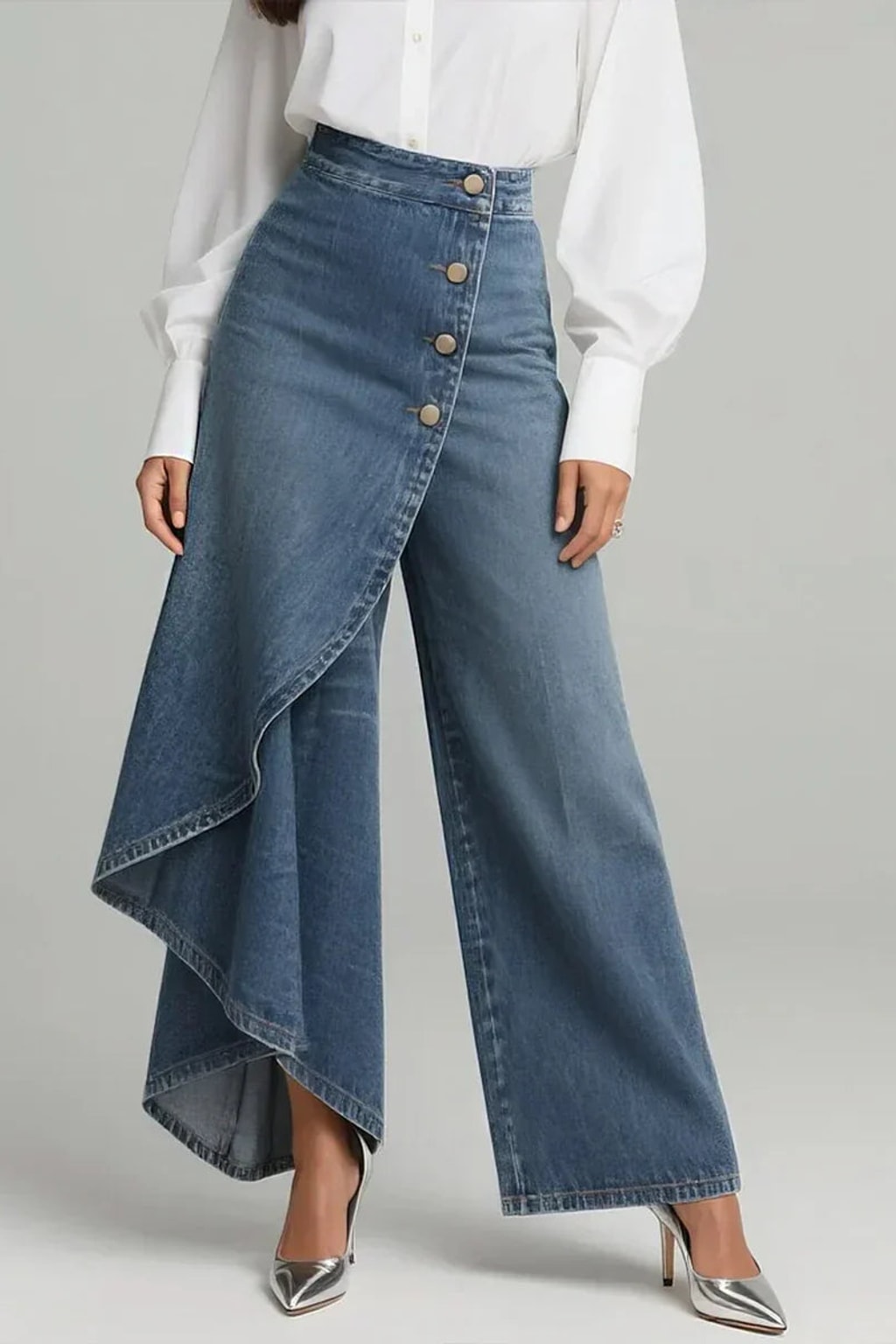 Cotton Wide-Leg Pants With Button-Front Detail - 2