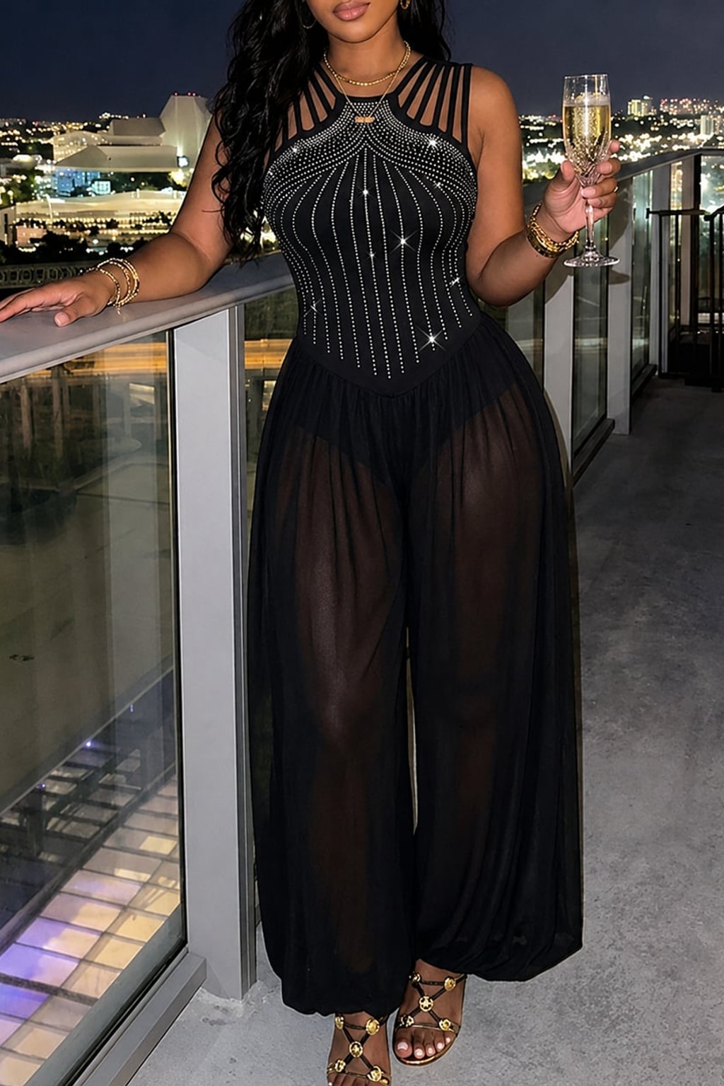 Polyester Chiffon Jumpsuit With Sheer Lantern Legs - 2