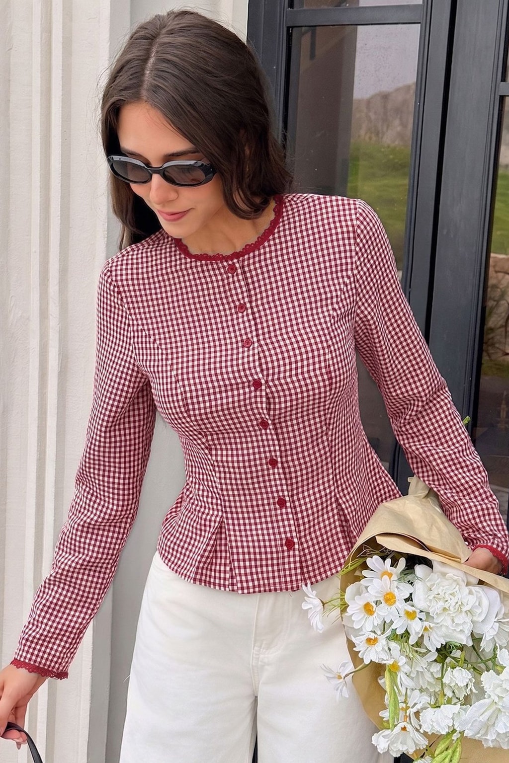 Polyester Shirt With Lace Tie And Plaid Detail - 2
