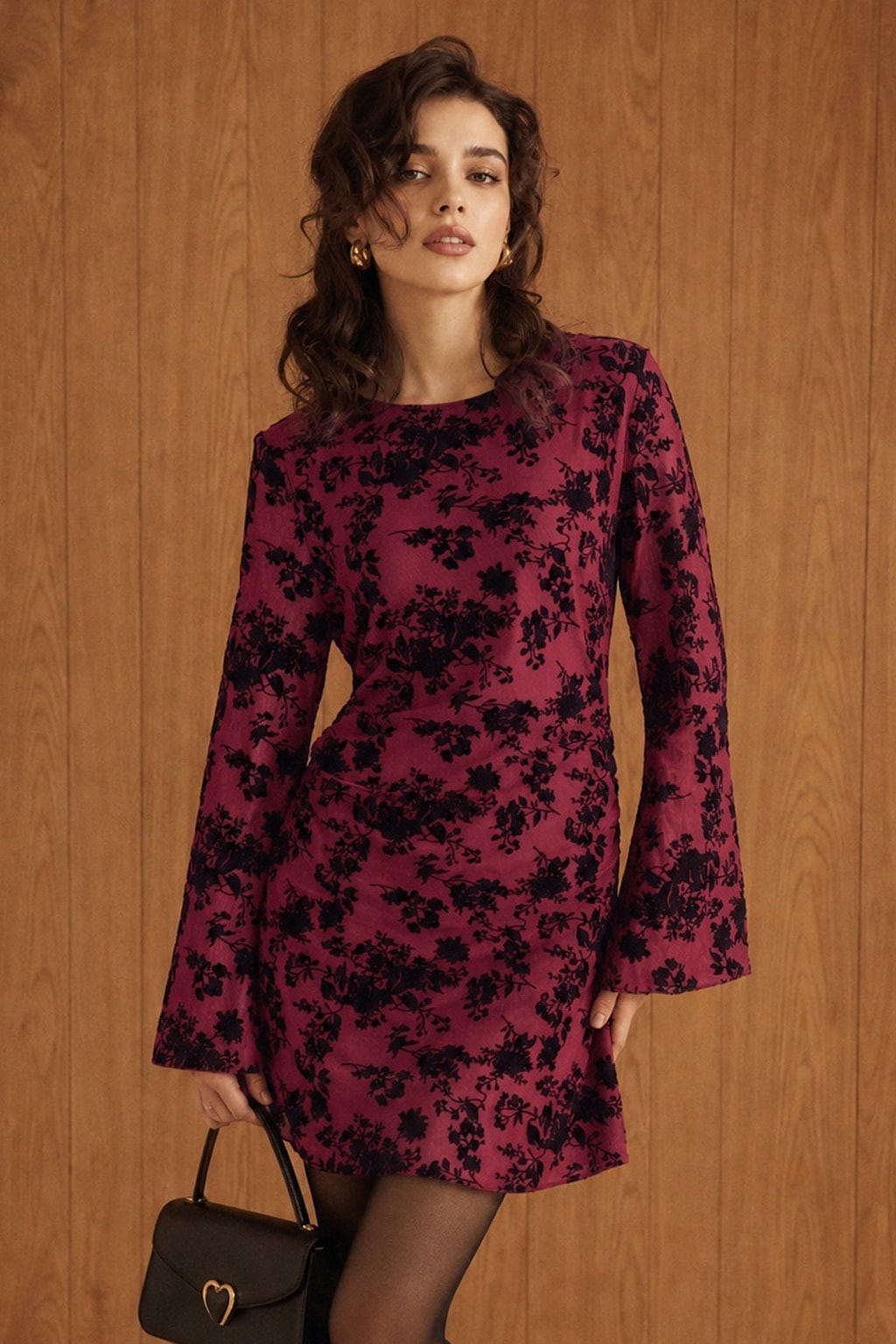Polyester Mini Dress With Red Bell Sleeves - 2